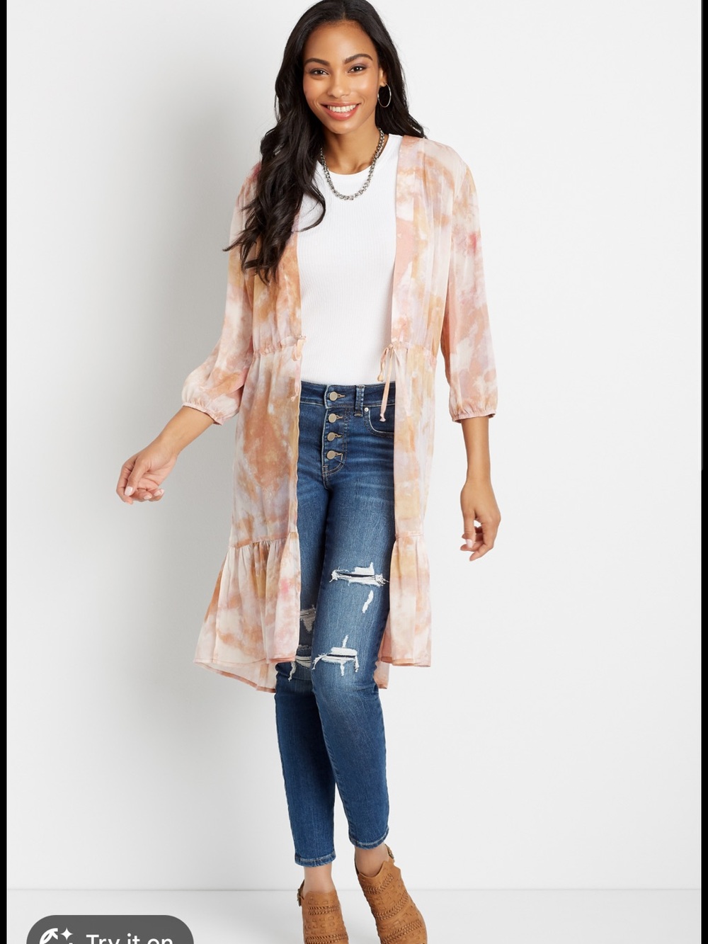 Maurices Blush Beige Tie-Dye Open Duster